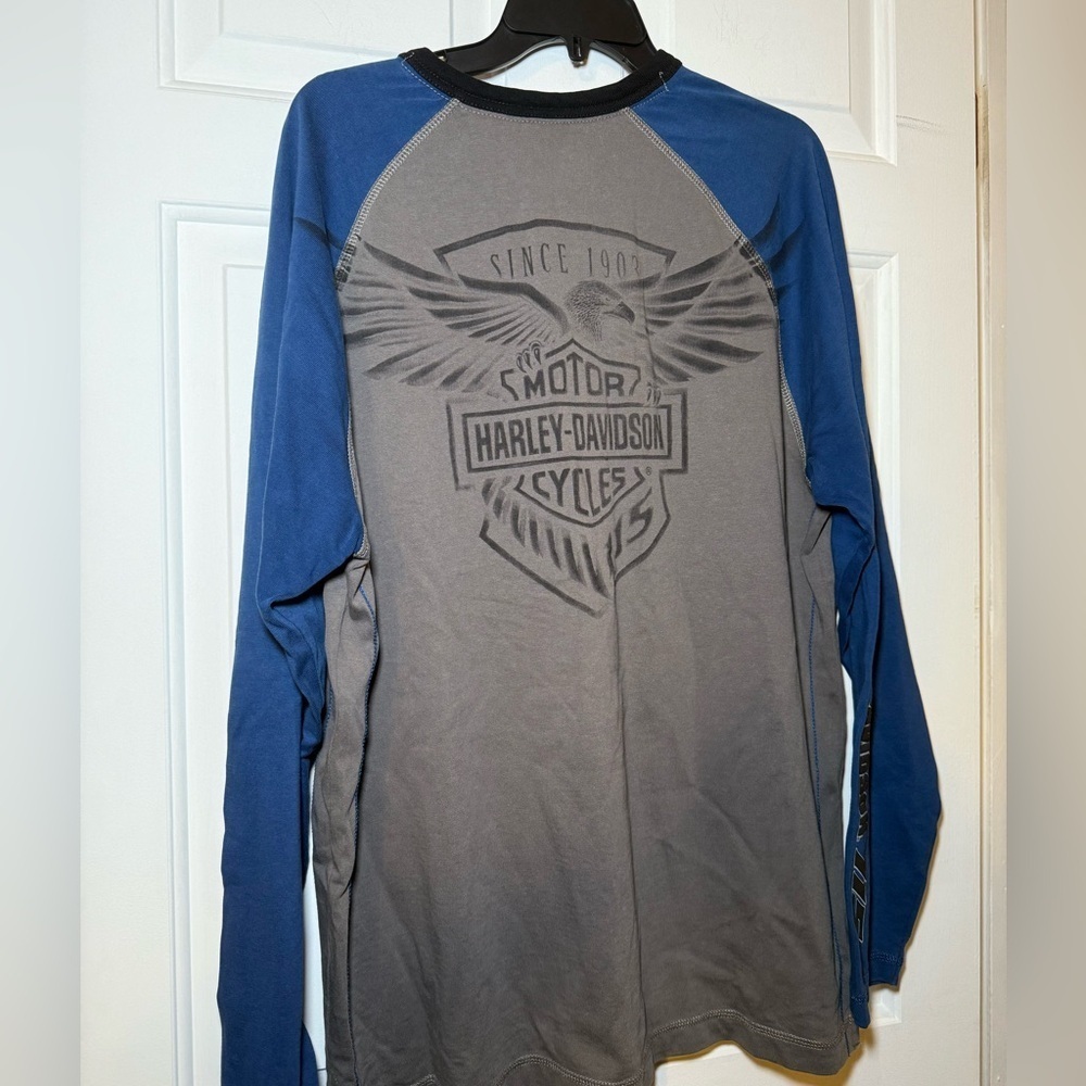 Harley Davidson 115 Anniversary Gray & Blue Henley Heavyweight Logo Back Large - Picture 6 of 9